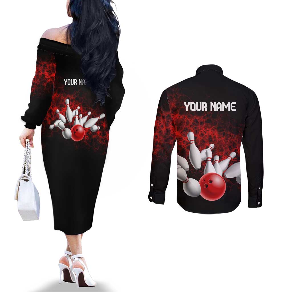 Red Bowling Ball and Pins Design Couples Matching Off The Shoulder Long Sleeve Dress and Long Sleeve Button Shirt with Fiery Smoke Background and Custom Team Name Text - Wonder Print Shop