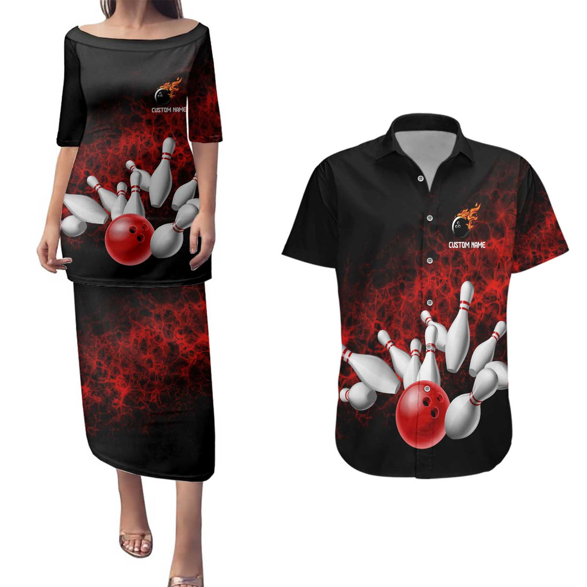 Red Bowling Ball and Pins Design Couples Matching Puletasi and Hawaiian Shirt with Fiery Smoke Background and Custom Team Name Text - Wonder Print Shop