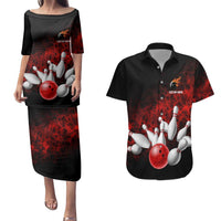Red Bowling Ball and Pins Design Couples Matching Puletasi and Hawaiian Shirt with Fiery Smoke Background and Custom Team Name Text - Wonder Print Shop