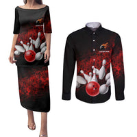 Red Bowling Ball and Pins Design Couples Matching Puletasi and Long Sleeve Button Shirt with Fiery Smoke Background and Custom Team Name Text - Wonder Print Shop