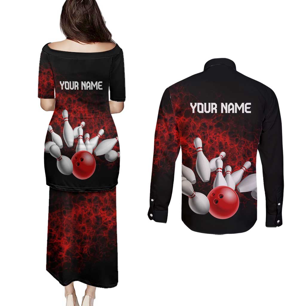 Red Bowling Ball and Pins Design Couples Matching Puletasi and Long Sleeve Button Shirt with Fiery Smoke Background and Custom Team Name Text - Wonder Print Shop