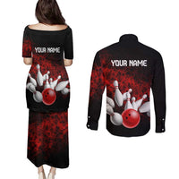 Red Bowling Ball and Pins Design Couples Matching Puletasi and Long Sleeve Button Shirt with Fiery Smoke Background and Custom Team Name Text - Wonder Print Shop