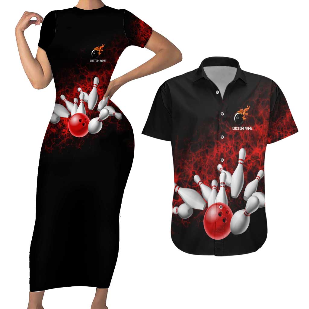 Red Bowling Ball and Pins Design Couples Matching Short Sleeve Bodycon Dress and Hawaiian Shirt with Fiery Smoke Background and Custom Team Name Text - Wonder Print Shop