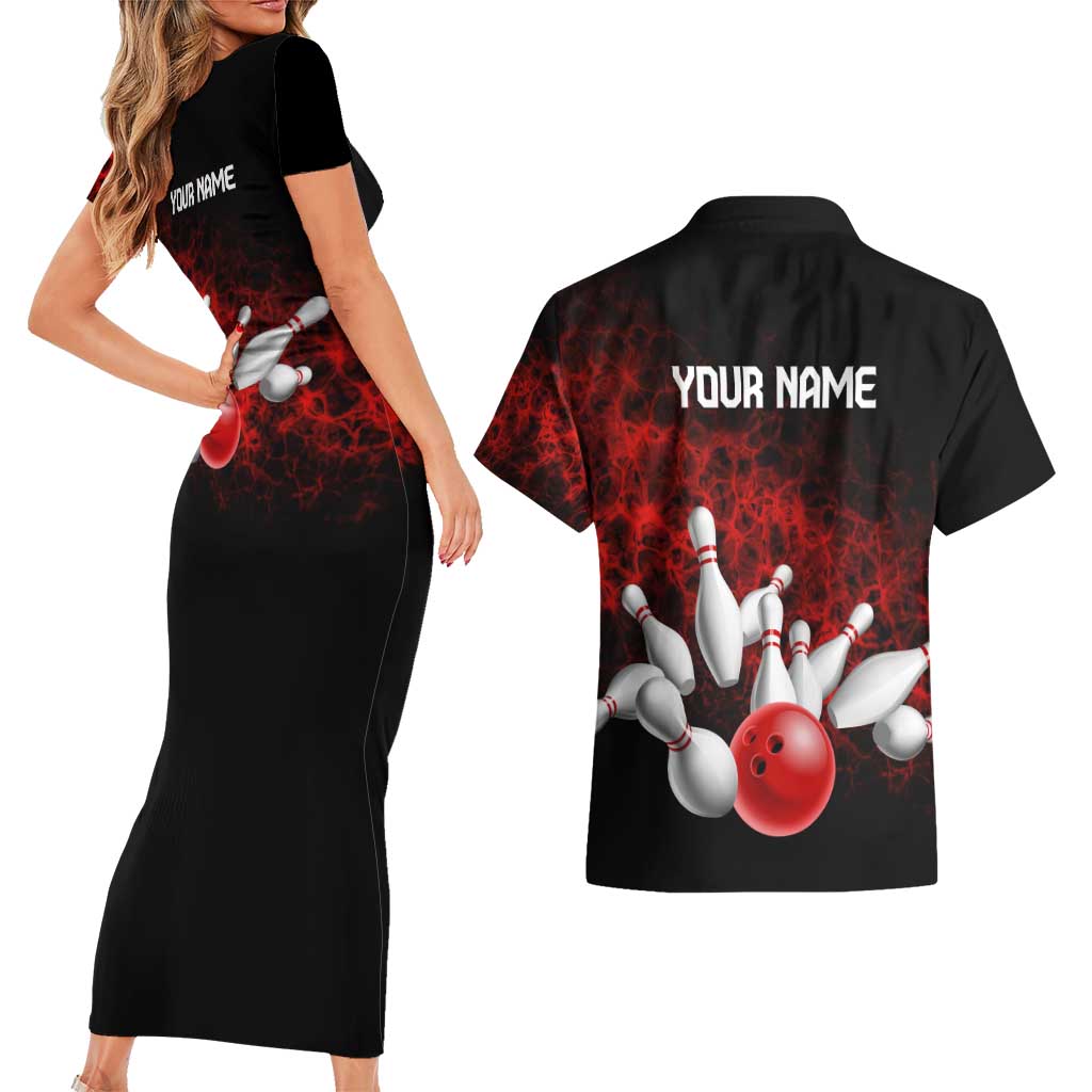 Red Bowling Ball and Pins Design Couples Matching Short Sleeve Bodycon Dress and Hawaiian Shirt with Fiery Smoke Background and Custom Team Name Text - Wonder Print Shop