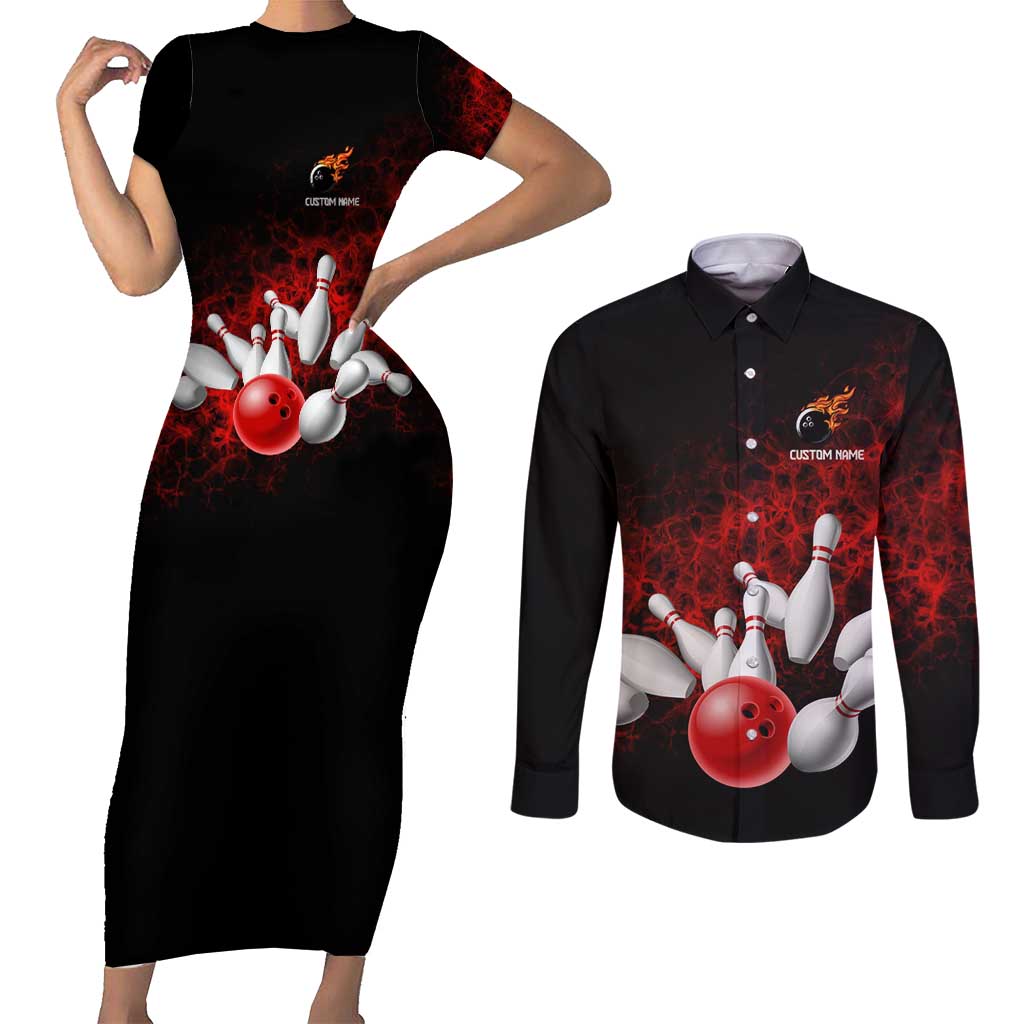 Red Bowling Ball and Pins Design Couples Matching Short Sleeve Bodycon Dress and Long Sleeve Button Shirt with Fiery Smoke Background and Custom Team Name Text - Wonder Print Shop