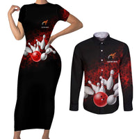 Red Bowling Ball and Pins Design Couples Matching Short Sleeve Bodycon Dress and Long Sleeve Button Shirt with Fiery Smoke Background and Custom Team Name Text - Wonder Print Shop