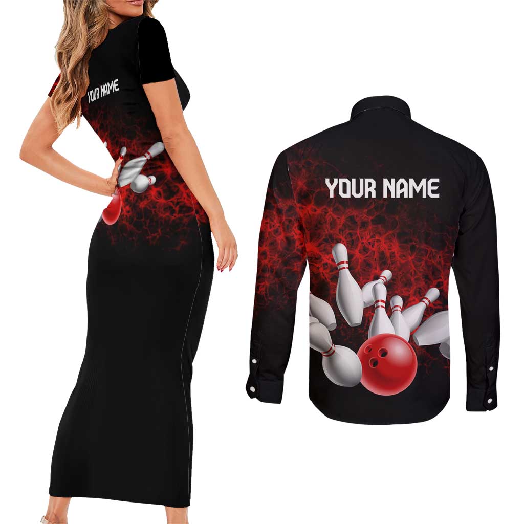 Red Bowling Ball and Pins Design Couples Matching Short Sleeve Bodycon Dress and Long Sleeve Button Shirt with Fiery Smoke Background and Custom Team Name Text - Wonder Print Shop