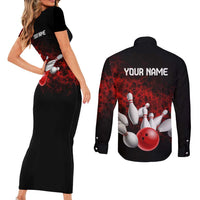 Red Bowling Ball and Pins Design Couples Matching Short Sleeve Bodycon Dress and Long Sleeve Button Shirt with Fiery Smoke Background and Custom Team Name Text - Wonder Print Shop