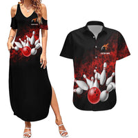 Red Bowling Ball and Pins Design Couples Matching Summer Maxi Dress and Hawaiian Shirt with Fiery Smoke Background and Custom Team Name Text - Wonder Print Shop