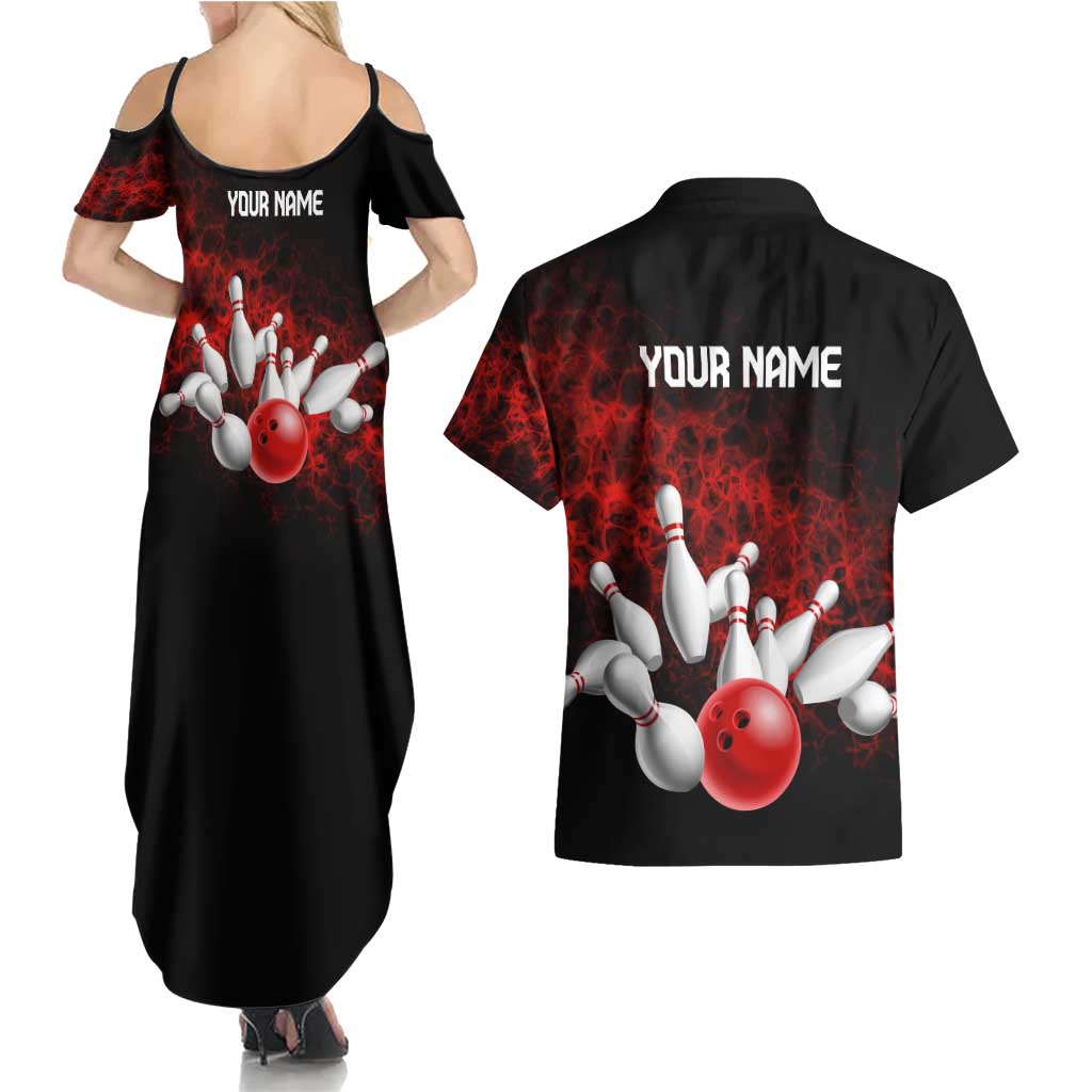Red Bowling Ball and Pins Design Couples Matching Summer Maxi Dress and Hawaiian Shirt with Fiery Smoke Background and Custom Team Name Text - Wonder Print Shop