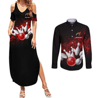 Red Bowling Ball and Pins Design Couples Matching Summer Maxi Dress and Long Sleeve Button Shirt with Fiery Smoke Background and Custom Team Name Text - Wonder Print Shop