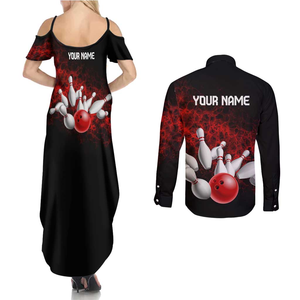 Red Bowling Ball and Pins Design Couples Matching Summer Maxi Dress and Long Sleeve Button Shirt with Fiery Smoke Background and Custom Team Name Text - Wonder Print Shop