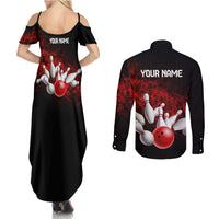 Red Bowling Ball and Pins Design Couples Matching Summer Maxi Dress and Long Sleeve Button Shirt with Fiery Smoke Background and Custom Team Name Text - Wonder Print Shop