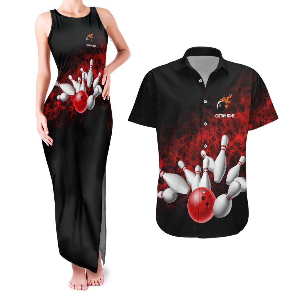 Red Bowling Ball and Pins Design Couples Matching Tank Maxi Dress and Hawaiian Shirt with Fiery Smoke Background and Custom Team Name Text - Wonder Print Shop