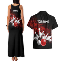 Red Bowling Ball and Pins Design Couples Matching Tank Maxi Dress and Hawaiian Shirt with Fiery Smoke Background and Custom Team Name Text - Wonder Print Shop