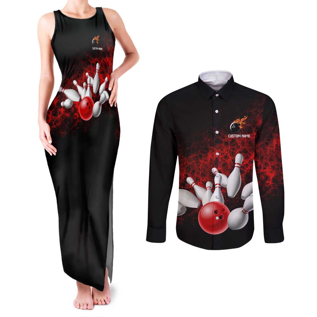 Red Bowling Ball and Pins Design Couples Matching Tank Maxi Dress and Long Sleeve Button Shirt with Fiery Smoke Background and Custom Team Name Text - Wonder Print Shop