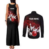 Red Bowling Ball and Pins Design Couples Matching Tank Maxi Dress and Long Sleeve Button Shirt with Fiery Smoke Background and Custom Team Name Text - Wonder Print Shop