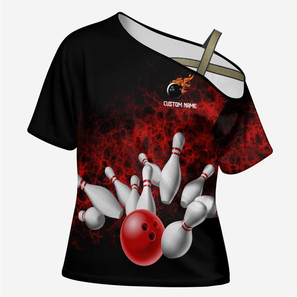 Red Bowling Ball and Pins Design Cross Shoulder Shirt with Fiery Smoke Background and Custom Team Name Text - Wonder Print Shop
