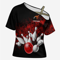 Red Bowling Ball and Pins Design Cross Shoulder Shirt with Fiery Smoke Background and Custom Team Name Text - Wonder Print Shop