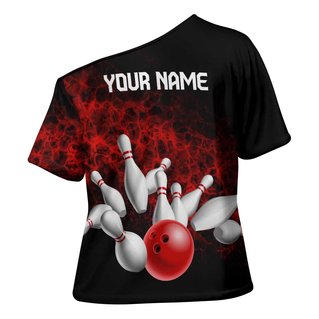 Red Bowling Ball and Pins Design Cross Shoulder Shirt with Fiery Smoke Background and Custom Team Name Text - Wonder Print Shop
