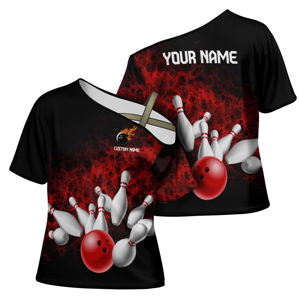 Red Bowling Ball and Pins Design Cross Shoulder Shirt with Fiery Smoke Background and Custom Team Name Text - Wonder Print Shop