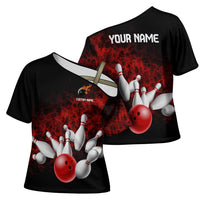 Red Bowling Ball and Pins Design Cross Shoulder Shirt with Fiery Smoke Background and Custom Team Name Text - Wonder Print Shop