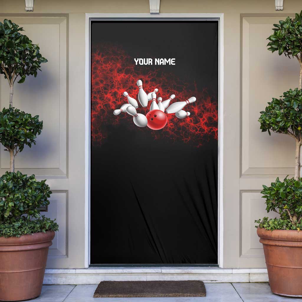 Red Bowling Ball and Pins Design Door Cover with Fiery Smoke Background and Custom Team Name Text - Wonder Print Shop