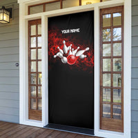 Red Bowling Ball and Pins Design Door Cover with Fiery Smoke Background and Custom Team Name Text - Wonder Print Shop