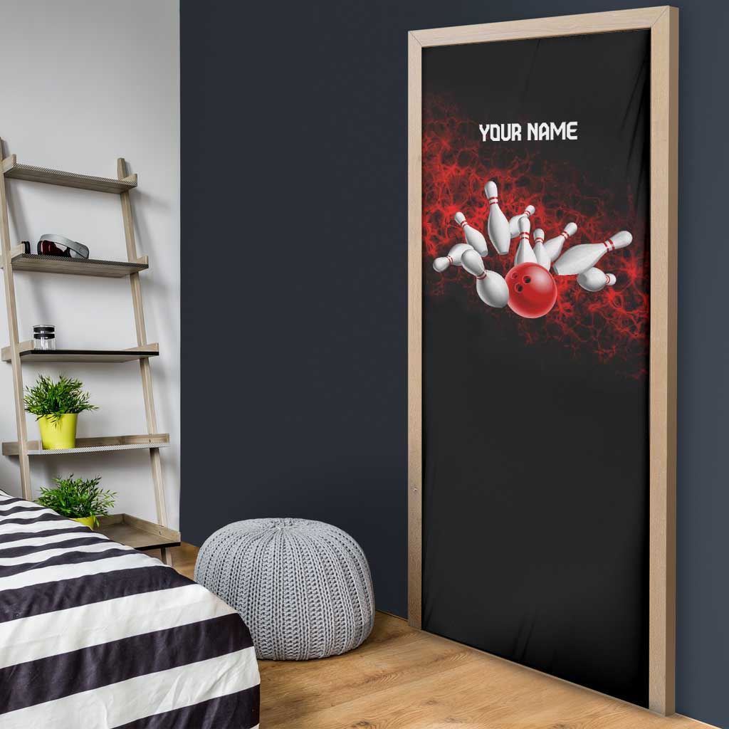 Red Bowling Ball and Pins Design Door Cover with Fiery Smoke Background and Custom Team Name Text - Wonder Print Shop