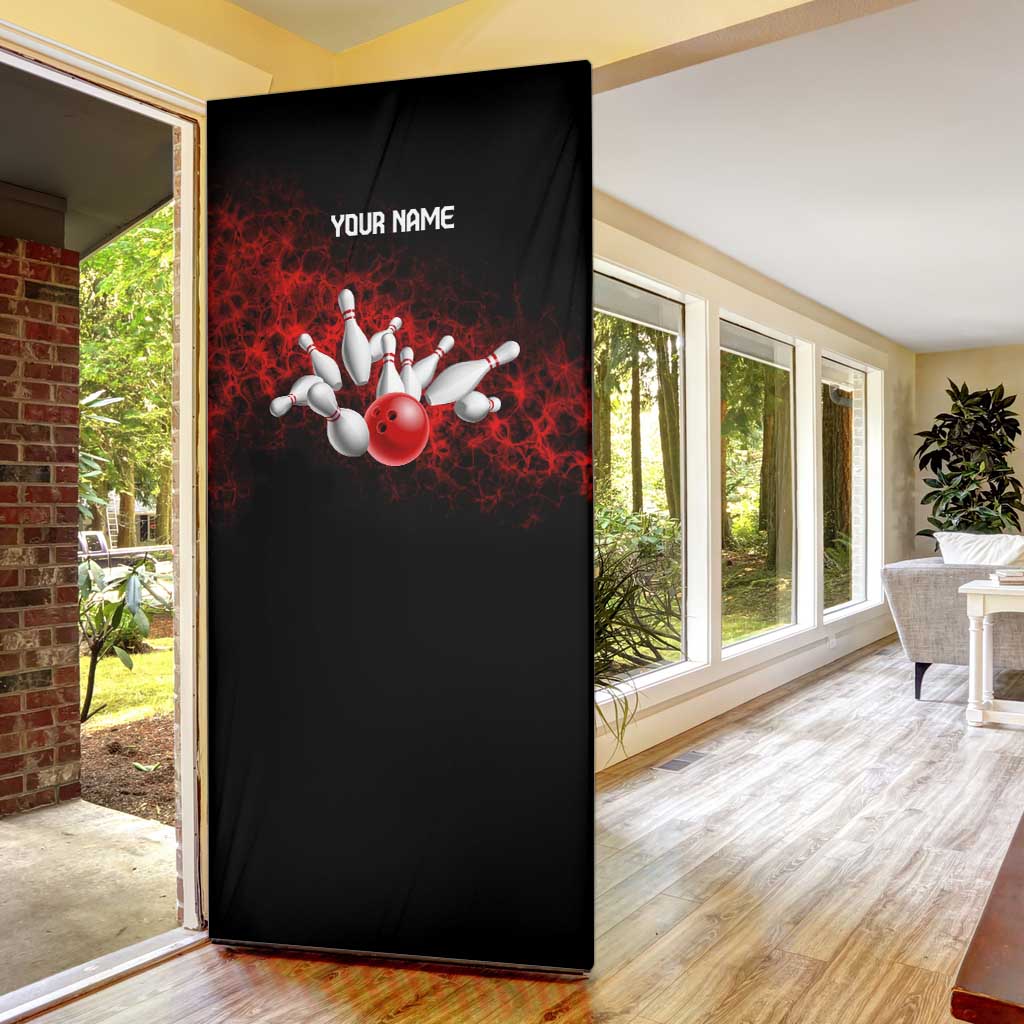 Red Bowling Ball and Pins Design Door Cover with Fiery Smoke Background and Custom Team Name Text - Wonder Print Shop