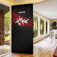 Red Bowling Ball and Pins Design Door Cover with Fiery Smoke Background and Custom Team Name Text - Wonder Print Shop