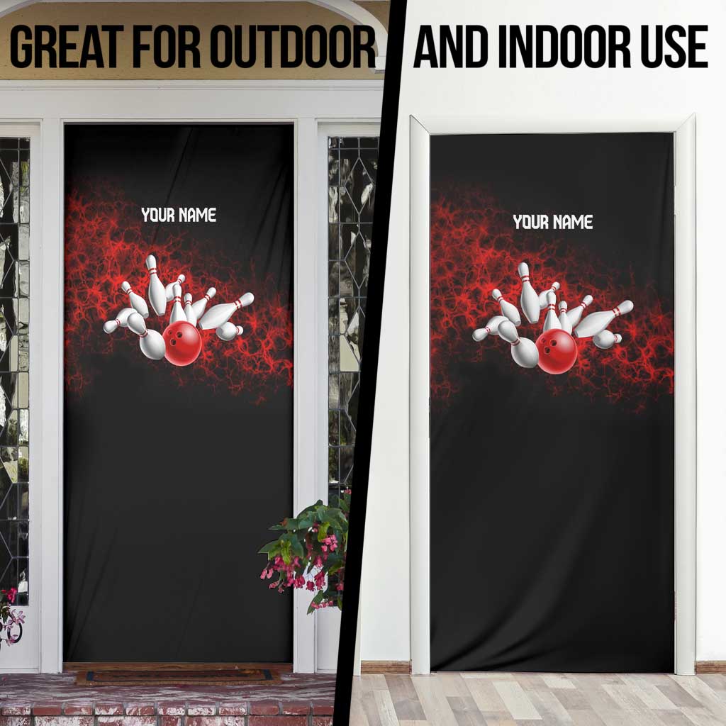 Red Bowling Ball and Pins Design Door Cover with Fiery Smoke Background and Custom Team Name Text - Wonder Print Shop