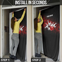Red Bowling Ball and Pins Design Door Cover with Fiery Smoke Background and Custom Team Name Text - Wonder Print Shop