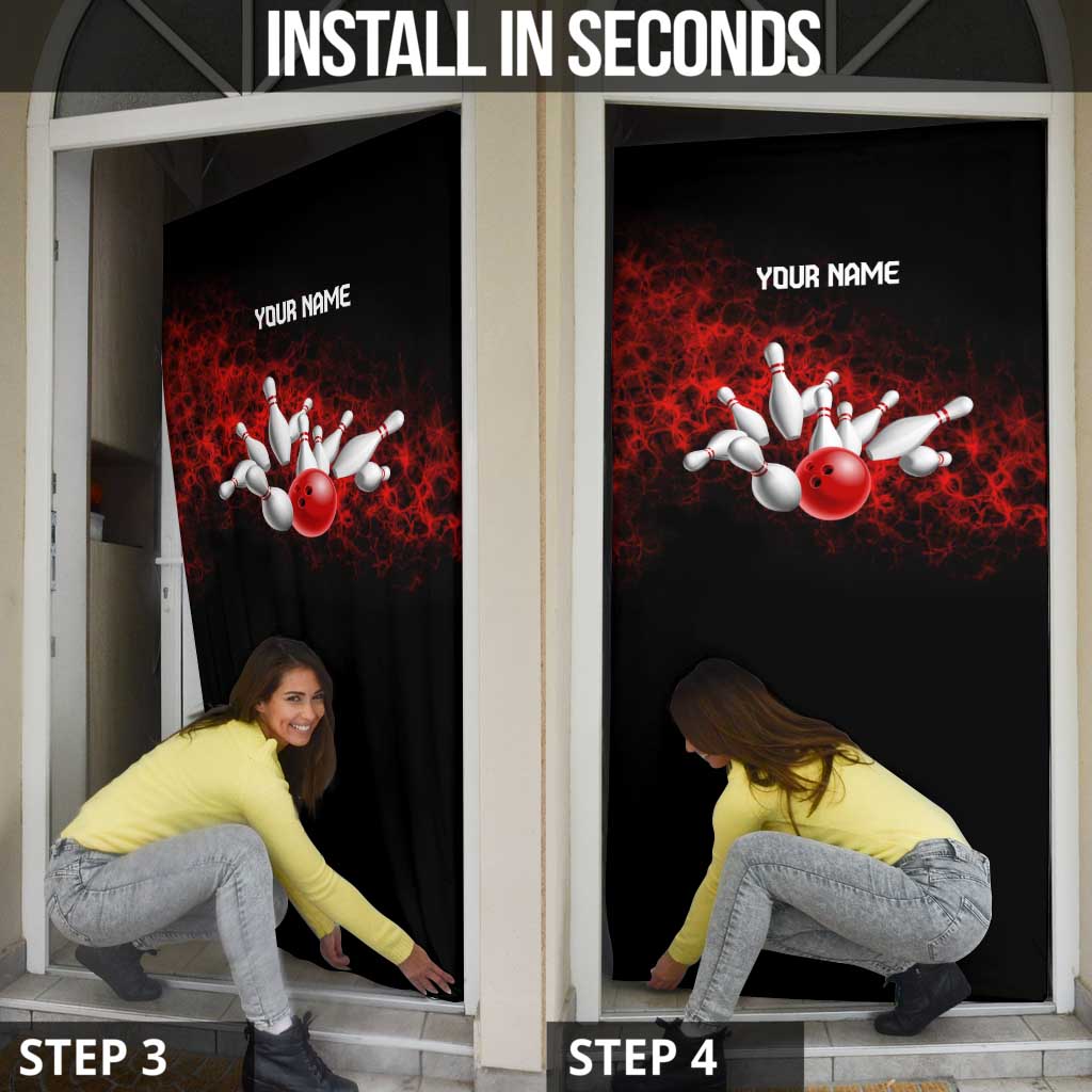 Red Bowling Ball and Pins Design Door Cover with Fiery Smoke Background and Custom Team Name Text - Wonder Print Shop