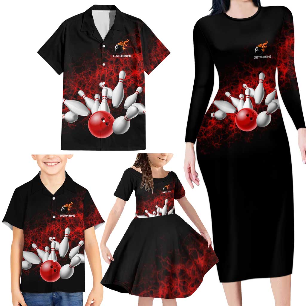 Red Bowling Ball and Pins Design Family Matching Long Sleeve Bodycon Dress and Hawaiian Shirt with Fiery Smoke Background and Custom Team Name Text - Wonder Print Shop