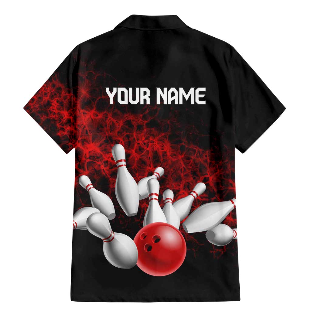 Red Bowling Ball and Pins Design Family Matching Mermaid Dress and Hawaiian Shirt with Fiery Smoke Background and Custom Team Name Text - Wonder Print Shop