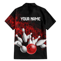 Red Bowling Ball and Pins Design Family Matching Mermaid Dress and Hawaiian Shirt with Fiery Smoke Background and Custom Team Name Text - Wonder Print Shop