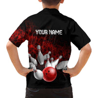 Red Bowling Ball and Pins Design Family Matching Off The Shoulder Long Sleeve Dress and Hawaiian Shirt with Fiery Smoke Background and Custom Team Name Text - Wonder Print Shop