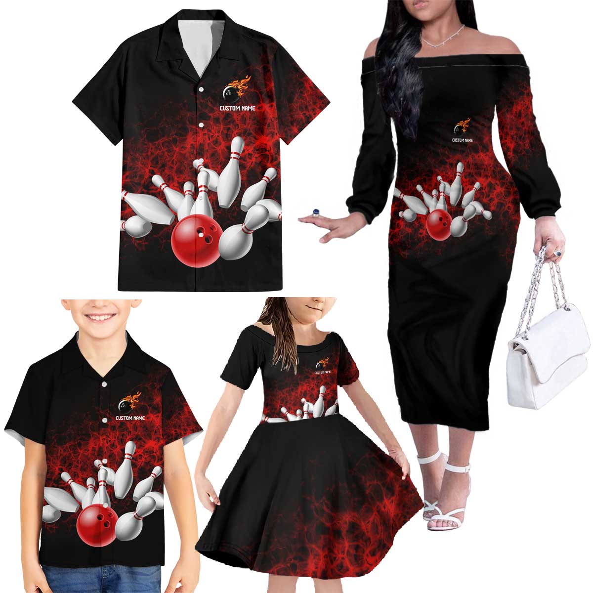 Red Bowling Ball and Pins Design Family Matching Off The Shoulder Long Sleeve Dress and Hawaiian Shirt with Fiery Smoke Background and Custom Team Name Text - Wonder Print Shop