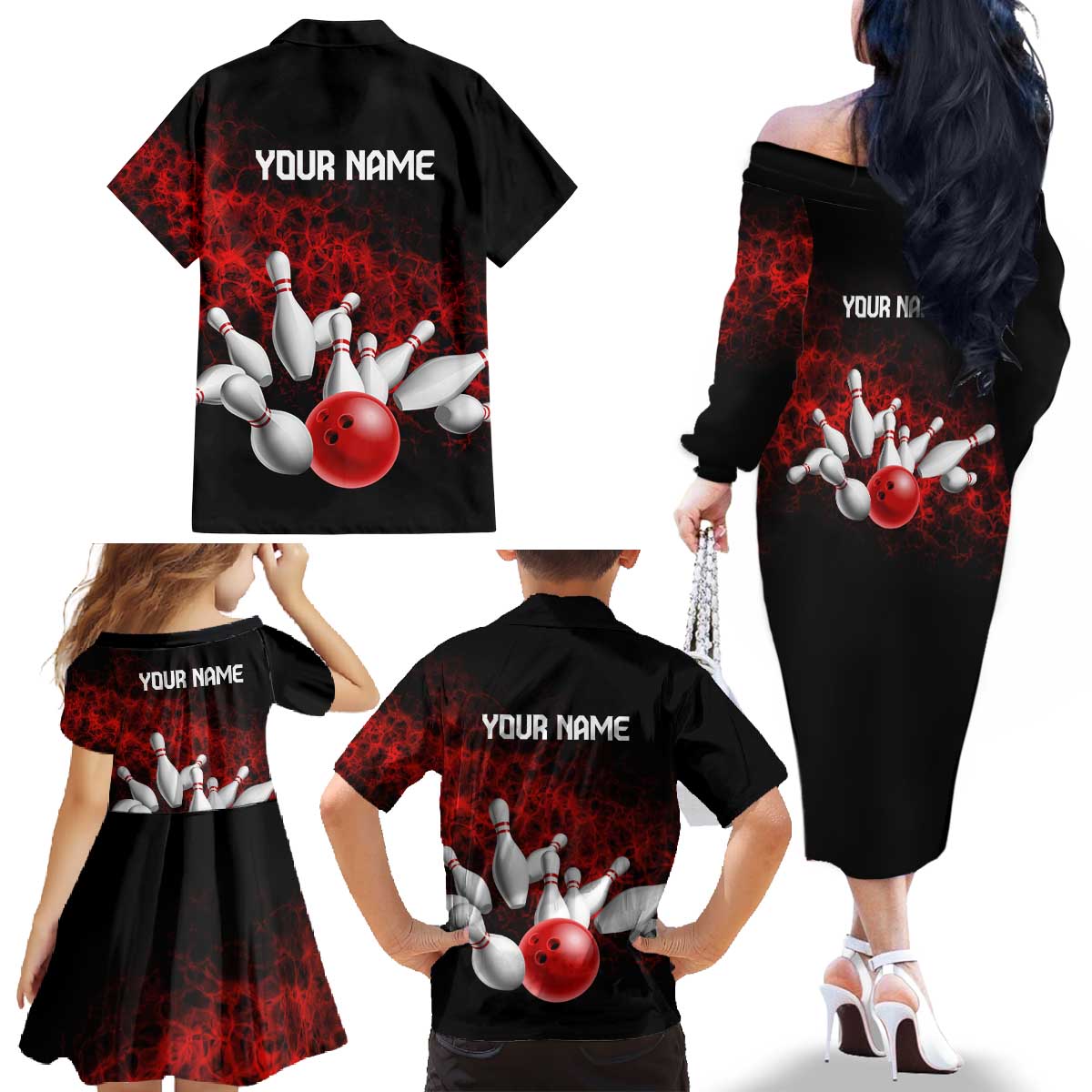 Red Bowling Ball and Pins Design Family Matching Off The Shoulder Long Sleeve Dress and Hawaiian Shirt with Fiery Smoke Background and Custom Team Name Text - Wonder Print Shop