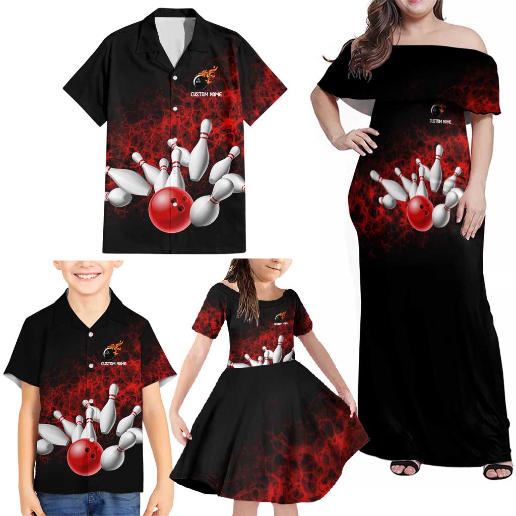 Red Bowling Ball and Pins Design Family Matching Off Shoulder Maxi Dress and Hawaiian Shirt with Fiery Smoke Background and Custom Team Name Text - Wonder Print Shop