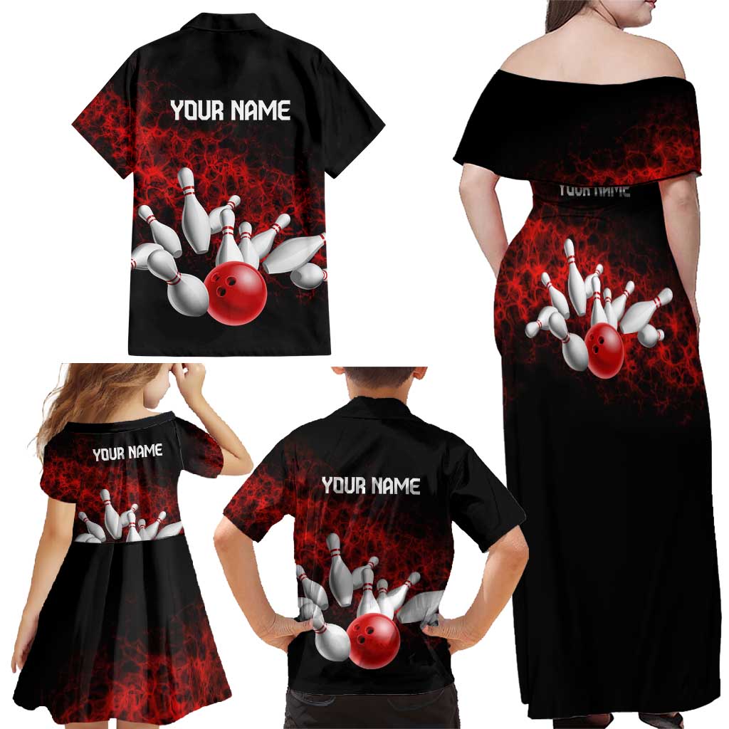 Red Bowling Ball and Pins Design Family Matching Off Shoulder Maxi Dress and Hawaiian Shirt with Fiery Smoke Background and Custom Team Name Text - Wonder Print Shop