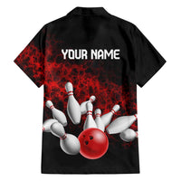 Red Bowling Ball and Pins Design Family Matching Off Shoulder Maxi Dress and Hawaiian Shirt with Fiery Smoke Background and Custom Team Name Text - Wonder Print Shop