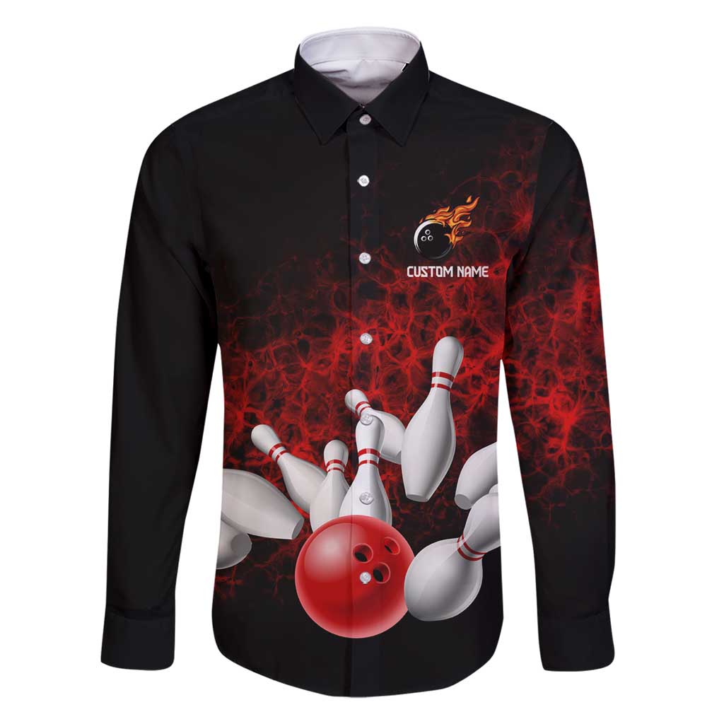 Red Bowling Ball and Pins Design Family Matching Off Shoulder Maxi Dress and Hawaiian Shirt with Fiery Smoke Background and Custom Team Name Text - Wonder Print Shop