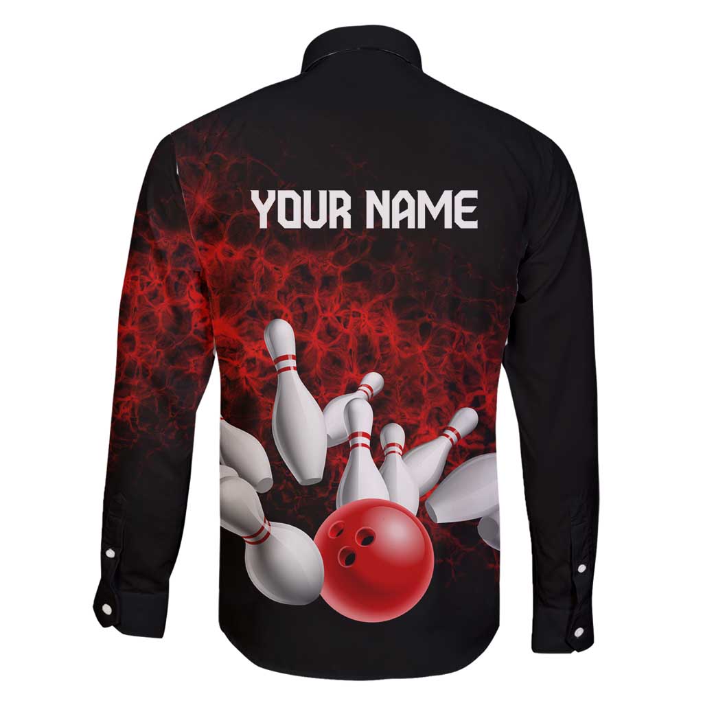 Red Bowling Ball and Pins Design Family Matching Off Shoulder Maxi Dress and Hawaiian Shirt with Fiery Smoke Background and Custom Team Name Text - Wonder Print Shop