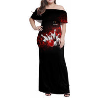 Red Bowling Ball and Pins Design Family Matching Off Shoulder Maxi Dress and Hawaiian Shirt with Fiery Smoke Background and Custom Team Name Text - Wonder Print Shop