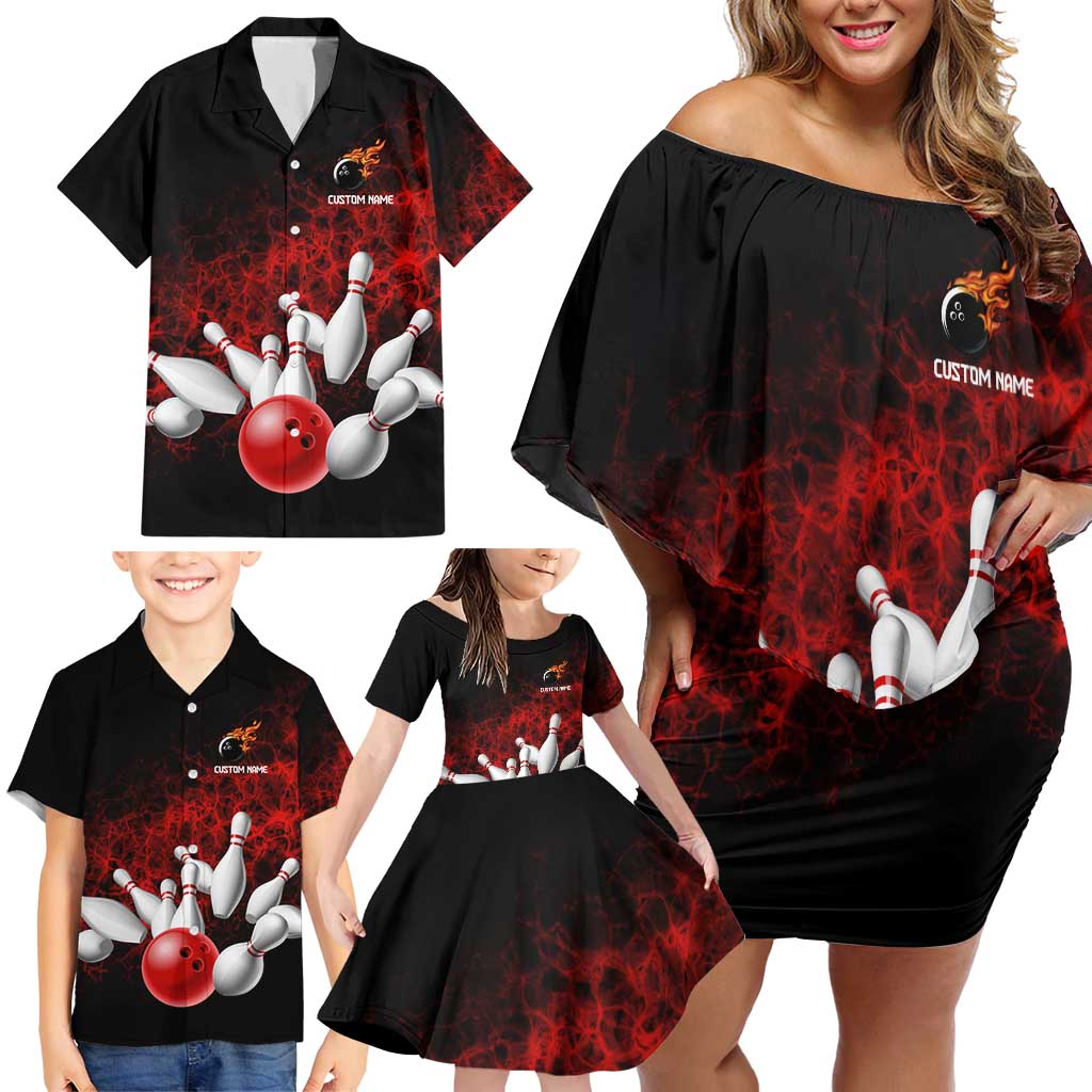 Red Bowling Ball and Pins Design Family Matching Off Shoulder Short Dress and Hawaiian Shirt with Fiery Smoke Background and Custom Team Name Text - Wonder Print Shop