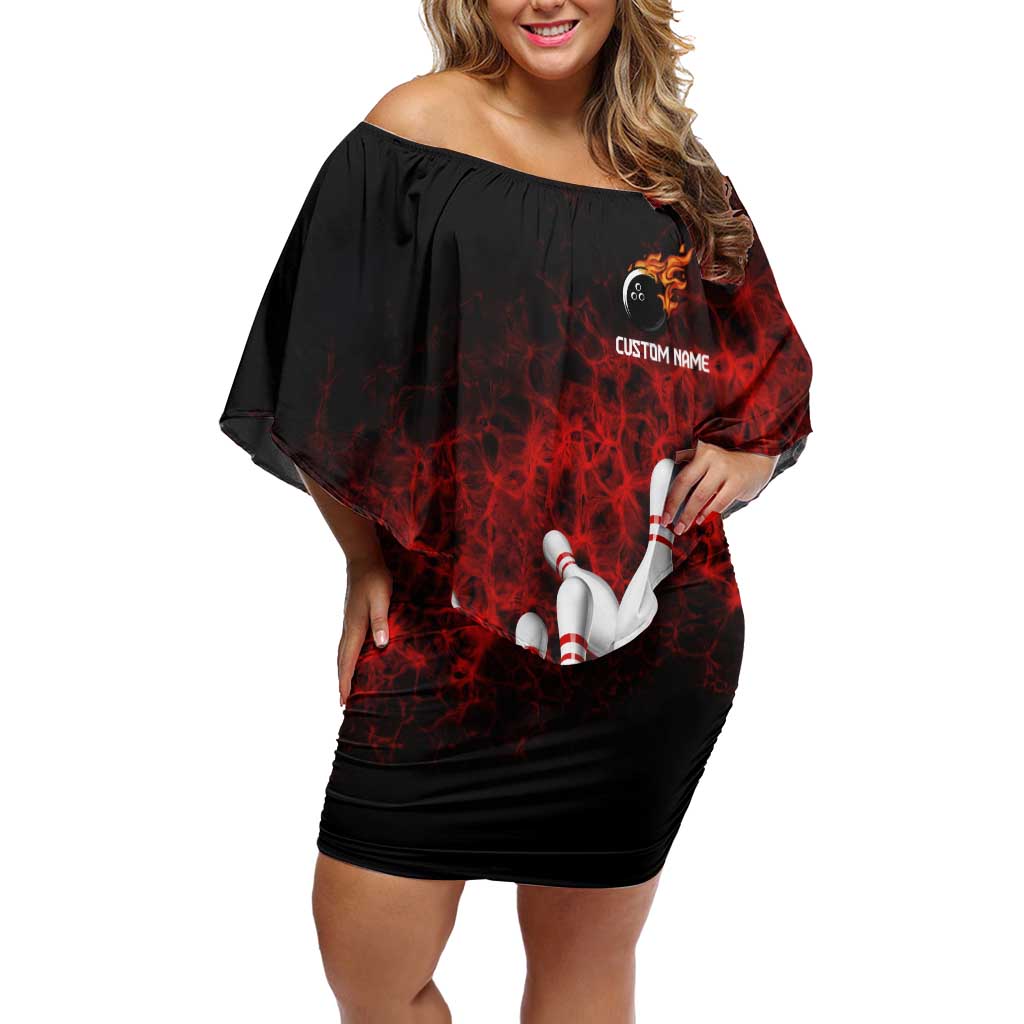 Red Bowling Ball and Pins Design Family Matching Off Shoulder Short Dress and Hawaiian Shirt with Fiery Smoke Background and Custom Team Name Text - Wonder Print Shop