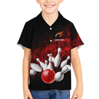 Red Bowling Ball and Pins Design Family Matching Off Shoulder Short Dress and Hawaiian Shirt with Fiery Smoke Background and Custom Team Name Text - Wonder Print Shop