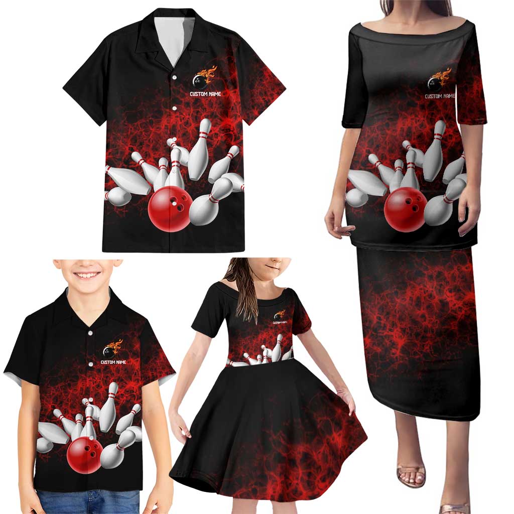 Red Bowling Ball and Pins Design Family Matching Puletasi and Hawaiian Shirt with Fiery Smoke Background and Custom Team Name Text - Wonder Print Shop